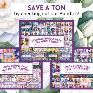 Puede incluir: Tres paquetes de productos digitales en morado y blanco con im&aacute;genes de papeles digitales y clipart. El texto en los paquetes dice "Ultimate Bundle Pack - The Whole Shop", "Mega Bundle Pack - All Digital Papers" y "Mega Bundle Pack - All The Clip Art".