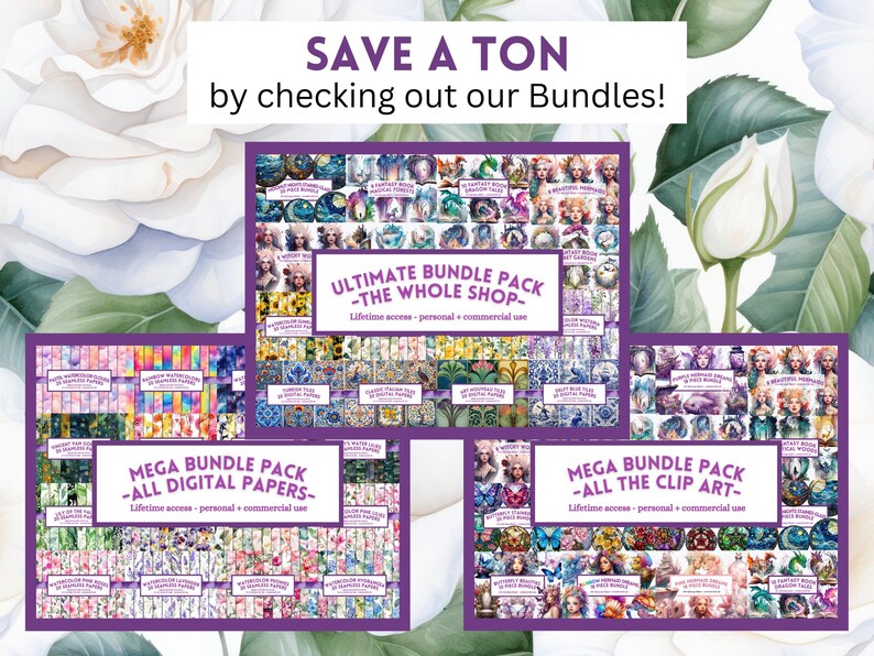 Puede incluir: Tres paquetes de productos digitales en morado y blanco con im&aacute;genes de papeles digitales y clipart. El texto en los paquetes dice "Ultimate Bundle Pack - The Whole Shop", "Mega Bundle Pack - All Digital Papers" y "Mega Bundle Pack - All The Clip Art".