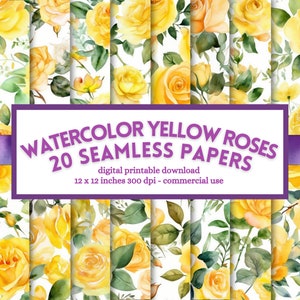 Papel digital de rosas amarillas de acuarela, álbum de recortes de patrones de flores sin costuras, páginas de diario basura imprimibles, descarga instantánea para uso comercial