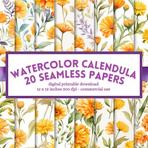 May include: A set of 20 digital seamless patterns featuring watercolor illustrations of calendula flowers in shades of yellow and orange. The patterns are 12 inches by 12 inches and 300 dpi, suitable for commercial use.
