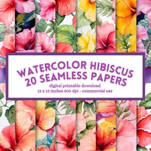 Digitales Papier mit Aquarell Hibiskus, florales Junk Journal zum ausdrucken, mit Hawaii Muster zum Ausdrucken
