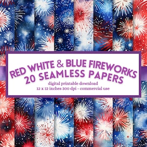 4. Juli Rot Weiß Blau Feuerwerk Nahtloses digitales Papier, 4. Juli druckbare Scrapbook Junk Journal Seiten, Download kommerzielle Nutzung
