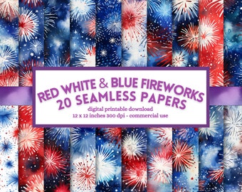 July 4th Fireworks Digital Paper, Red White Blue, Scrapbook Pages (Digital Download)