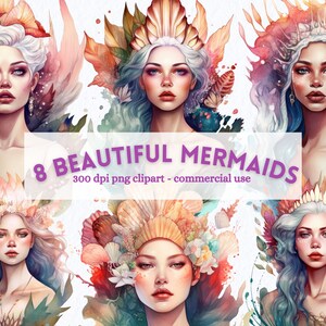 Watercolor Mermaid Clipart Bundle: Fantasy Art PNG (Digital Download)
