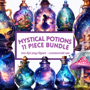 May include: A set of 11 digital clipart images of mystical potion bottles. Each bottle is filled with a different magical scene, including stars, moons, butterflies, mushrooms, and fairies. The bottles are in various shapes and sizes, with ornate gold lids and stoppers. The text "Mystical Potions 11 Piece Bundle" is displayed on a purple banner.