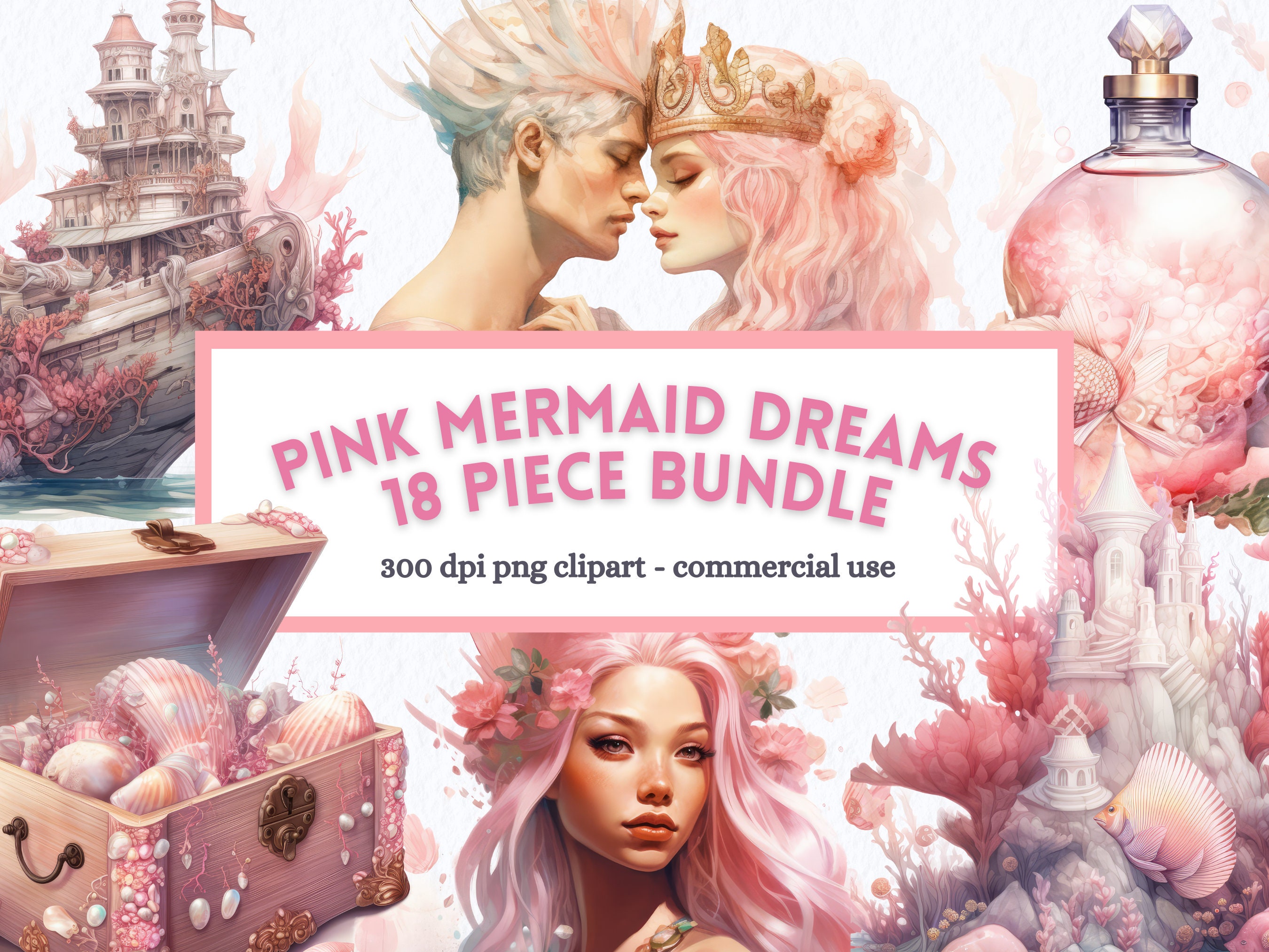 Watercolor Pink Mermaid Clipart Bundle: Fantasy Art PNG (digital ...