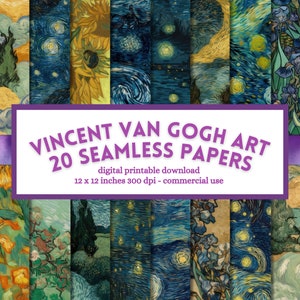Papel digital Van Gogh Art, design perfeito, noite estrelada, páginas de scrapbook para impressão, download instantâneo para uso comercial