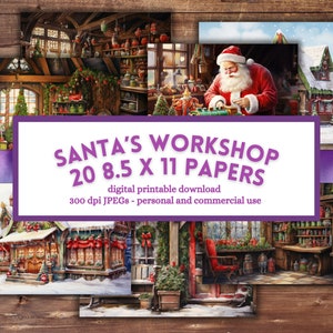 Watercolor Santa&#39;s Workshop Christmas Digital Paper (Digital Download)