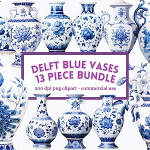 Imágenes prediseñadas de jarrones azules de Delft, Imágenes prediseñadas de patrón blanco azul, Paquete PNG de diario basura de álbum de recortes, Descarga digital instantánea, Sublimación, Comercial