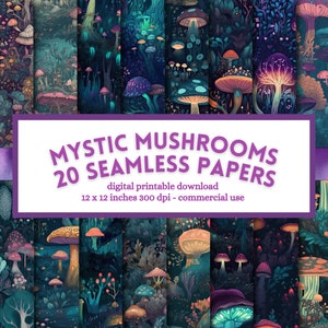Papel digital Mystical Mushrooms, design perfeito, páginas de scrapbook para impressão, download instantâneo, uso comercial