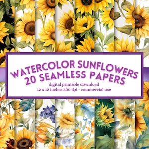 Sunflower Digital Paper, watercolor flower, seamless floral pattern, printable junk journal pages, instant download for commercial use