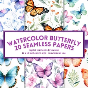 Papel digital borboleta aquarela, padrão perfeito, pacote de papel para scrapbook, páginas de lixo eletrônico imprimíveis, download instantâneo, uso comercial