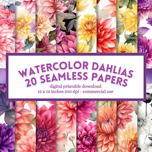 Dahlia Flower Digital Paper, watercolor painting, seamless floral pattern, printable junk journal pages, instant download for commercial use