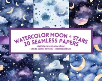 Papel digital de acuarela con luna y estrellas: Patrón sin costuras para guardería (descarga digital)
