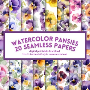 Aquarelle Pansies Digital Paper, Pansy scrapbook, motif floral sans soudure, pages de journal indésirable imprimables, utilisation commerciale de téléchargement instantané