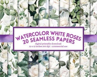 White Roses Digital Paper, watercolor roses, seamless flower pattern, printable junk journal pages, instant download for commercial use