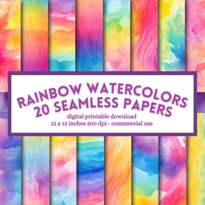 Rainbow Watercolors Digital Paper, Colorful painting, seamless design, printable scrapbook junk journal pages, download commercial use