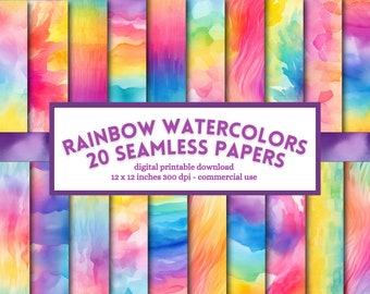 Rainbow Watercolor Digital Paper: Seamless Scrapbook Pages (Digital Download)