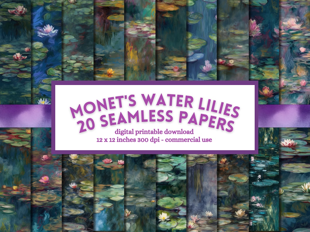 Monet's Water Lilies Digital Paper, Seamless Floral Flower Art, Printable Scrapbook Junk Journal ...