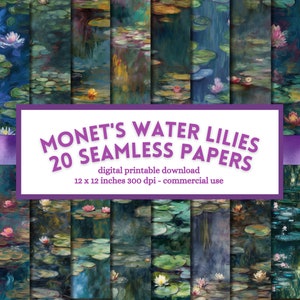 Monet&#39;s Water Lilies Digital Paper: Floral Scrapbook Pages (Digital Download)