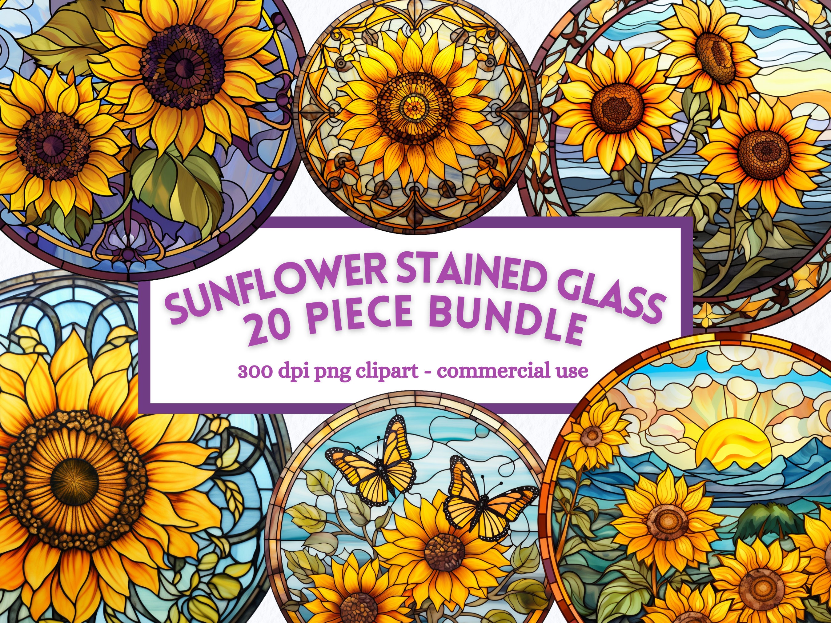 Sunflower Stained Glass Circle Clipart, Transparent PNG Bundle, Floral Junk journal scrapbook art, Instant Digital Download, Commercial Use