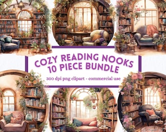 Puede incluir: Un conjunto de 10 ilustraciones digitales de rincones de lectura acogedores. Cada rincón cuenta con una estantería, un cómodo sillón y una ventana con luz natural. Las ilustraciones están realizadas en estilo acuarela con colores suaves y detalles. El texto "Cozy Reading Nooks 10 Piece Bundle" se muestra en una pancarta morada.