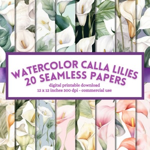 Scrapbook de mariage aquarelle Calla Lily, papiers floraux numériques, motif de fleurs sans soudure, pages imprimables, téléchargement à des fins commerciales