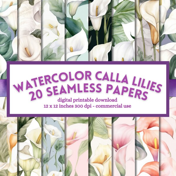 Watercolor Calla Lily Wedding Scrapbook, Digital Floral Papers, seamless flower pattern, printable pages, download for commercial use