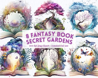May include: Eight watercolor illustrations of open books with fantastical secret gardens inside. Each book features a different garden scene with trees, flowers, butterflies, and other magical elements. The text on the image reads "8 FANTASY BOOK SECRET GARDENS 300 dpi png clipart - commercial use".