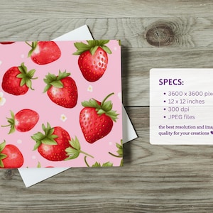Puede incluir: Un patr&oacute;n sin costuras con un fondo rosa, fresas rojas y flores blancas. Las fresas est&aacute;n dibujadas en un estilo realista con hojas verdes y semillas blancas.