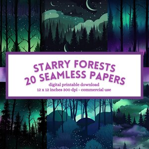 Papel digital Starry Forest, design perfeito, aurora boreal, páginas de scrapbook para impressão, download instantâneo para uso comercial