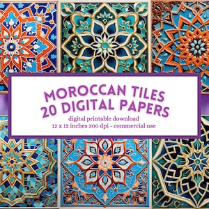 Marokkaanse tegels digitaal papier, Zellige decoratie Marokko patroon, afdrukbare plakboek junk journal pagina's, instant download, commercieel gebruik