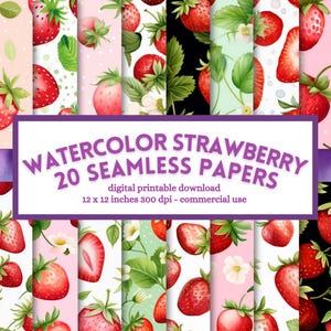 Papel digital sin costuras con diseño de fresas en acuarela, patrón de frutas, páginas imprimibles para álbumes de recortes, descarga instantánea, uso comercial