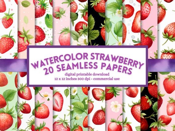 Watercolor Strawberry Digital Paper: Seamless Fruit Pattern (Digital Download)
