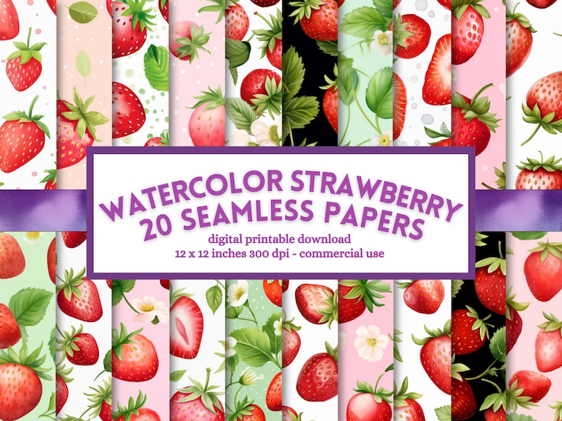 Puede incluir: Un conjunto de 20 patrones digitales sin costuras con ilustraciones de fresas en acuarela. Los patrones son de 30,5 cm por 30,5 cm y 300 dpi. Son perfectos para uso comercial.