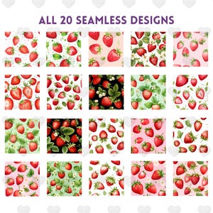 Puede incluir: Veinte dise&ntilde;os digitales de papel sin costuras que presentan fresas rojas con hojas verdes y flores blancas sobre varios fondos, incluidos blanco, negro, rosa y verde.