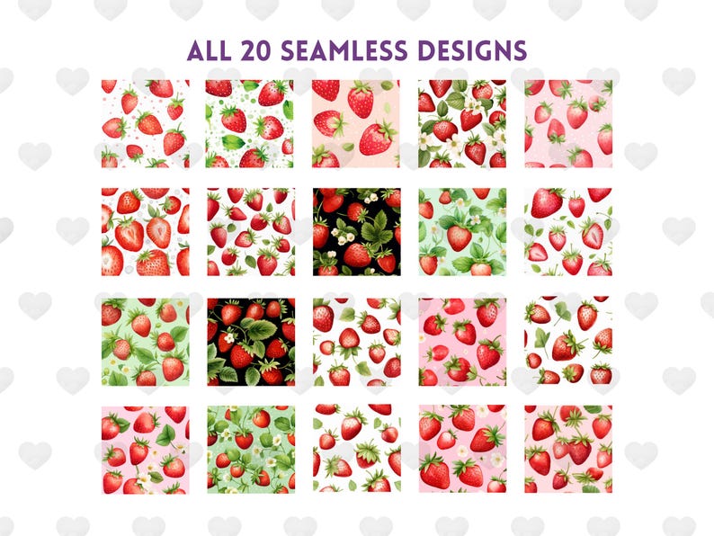 Puede incluir: Veinte dise&ntilde;os digitales de papel sin costuras que presentan fresas rojas con hojas verdes y flores blancas sobre varios fondos, incluidos blanco, negro, rosa y verde.