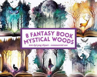 May include: Eight watercolor illustrations of mystical forests emerging from open books. Each scene features a different magical creature, including a butterfly, deer, fox, woman, unicorn, and owl. The text "8 FANTASY BOOK MYSTICAL WOODS" is displayed in purple.