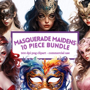 Maskerade masker clipart, aquarel kunst, ongewenste dagboek PNG bundel, plakboek, instant digitale download, sublimatie, commercieel gebruik