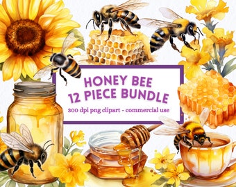 Watercolor Honey Bee Clipart Bundle: Floral PNG Graphics (Digital Download)
