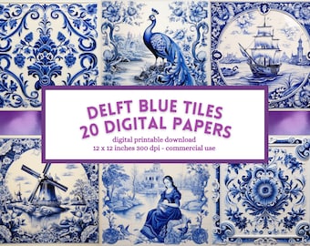 Papel digital de azulejos azules de Delft: Páginas para diario de recortes (descarga digital)