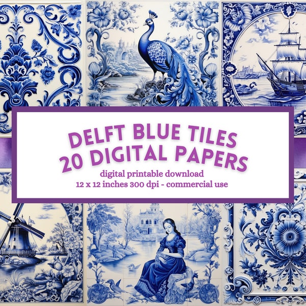 Delft Blue Tiles Digital Paper, blue white pattern, printable scrapbook junk journal pages, instant download, commercial use, sublimation