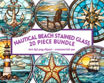 Nautical Beach Coastal Stained Glass Circle Clipart, Printable PNG Bundle, Junk journal scrapbook, Digital Download, Commercial Use