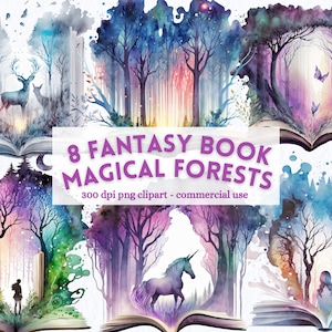 Acuarela Fantasía Libro Bosques Mágicos Clipart, libros de magia abiertos Paquete PNG, Descarga digital instantánea, Sublimación, Uso comercial