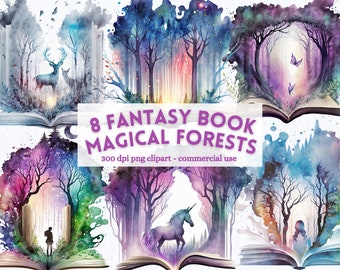 Watercolor Fantasy Book Magical Forests Clipart, open magic books PNG Bundle, Instant Digital Download, Sublimation, Commercial Use