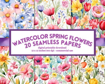 Watercolor Spring Flowers Digital Paper: Seamless Floral Patterns (Digital Download)