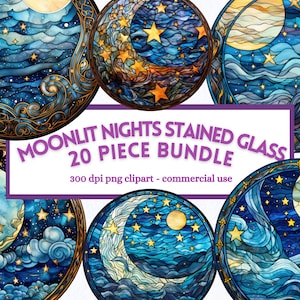 Moonlit Nights Stained Glass Circle Clipart, Transparent PNG Bundle, Junk journal art, Digital Download, Commercial and Personal Use
