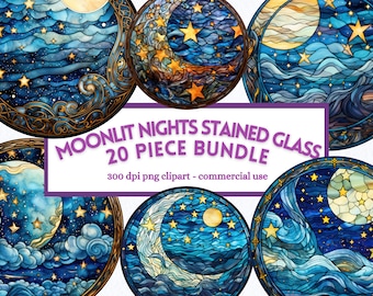 Moonlit Nights Stained Glass Circle Clipart, Transparent PNG Bundle, Junk journal art, Digital Download, Commercial and Personal Use