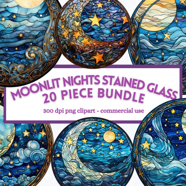 Moonlit Nights Stained Glass Circle Clipart, Transparent PNG Bundle, Junk journal art, Digital Download, Commercial and Personal Use