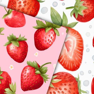 Puede incluir: Dos patrones sin costuras con fresas rojas sobre un fondo rosa y blanco. Las fresas est&aacute;n dibujadas en estilo acuarela con hojas verdes.
